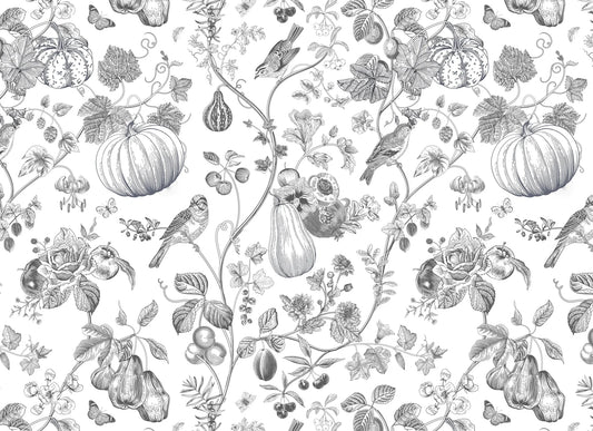 Black and white floral and fruit pattern on a white background