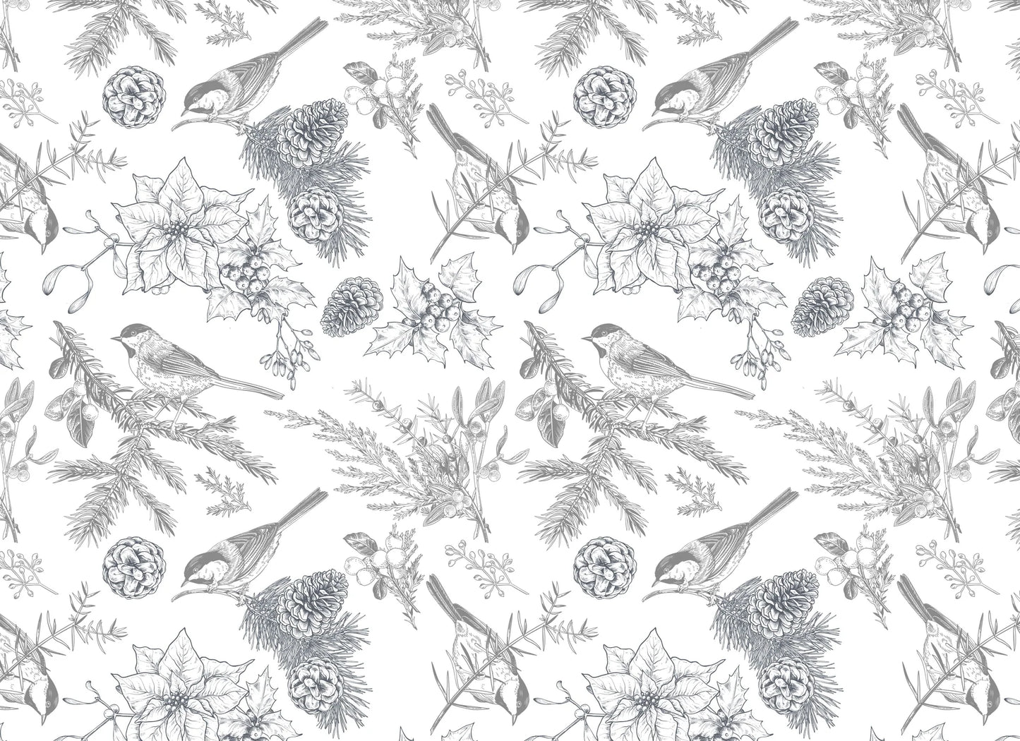 Spread out decoupage paper with a pattern of black and white birds, pine cones, and branches on a white background