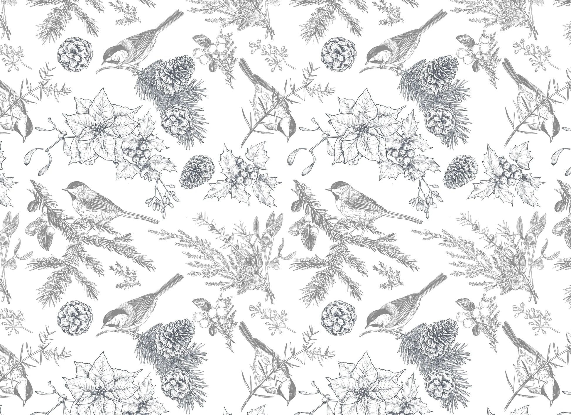 Spread out decoupage paper with a pattern of black and white birds, pine cones, and branches on a white background