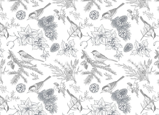 Spread out decoupage paper with a pattern of black and white birds, pine cones, and branches on a white background