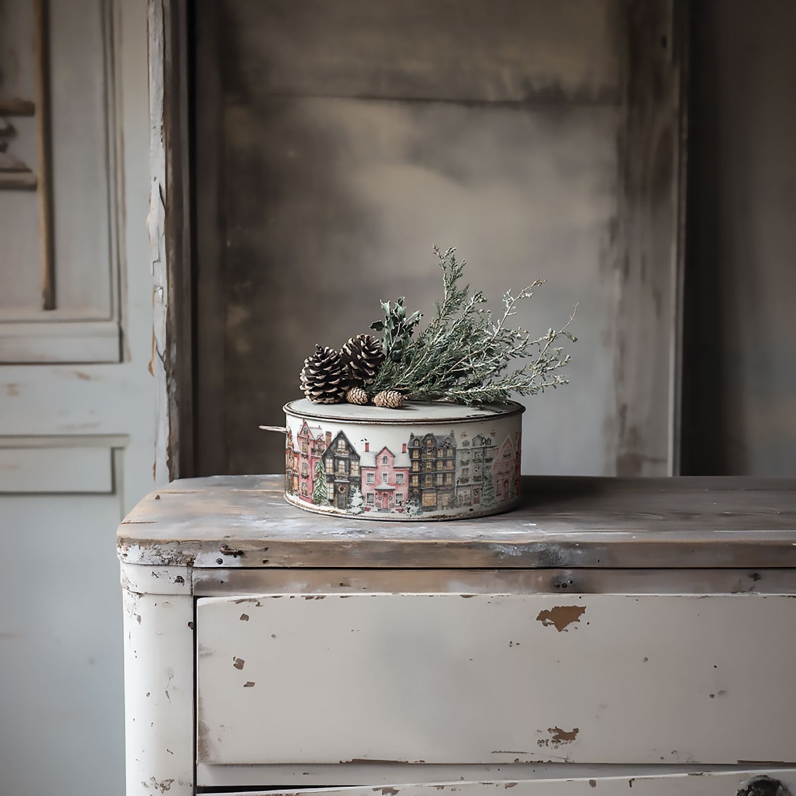 Decorative container with plants on a rustic wooden surface, decorated with the "Partridge Lane" transfer paper from "Iron Orchid Designs"