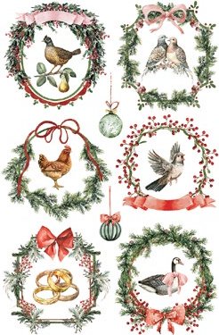 Set of decorative illustrations with birds, ribbons, and Christmas elements.