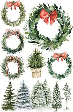 Collection of Christmas-themed illustrations including wreaths and trees on a white background.