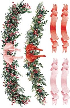 Decorative Christmas garland with red and pink ribbons on a white background