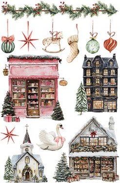 Collection of Christmas-themed illustrations including houses, trees, and decorative elements on a white background.