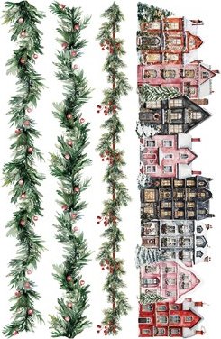 Decorative garland with Christmas trees and a vertical strip of illustrated houses.