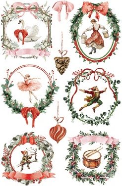 Set of decorative illustrations with Christmas-themed elements including swans, dancers, and fairies.