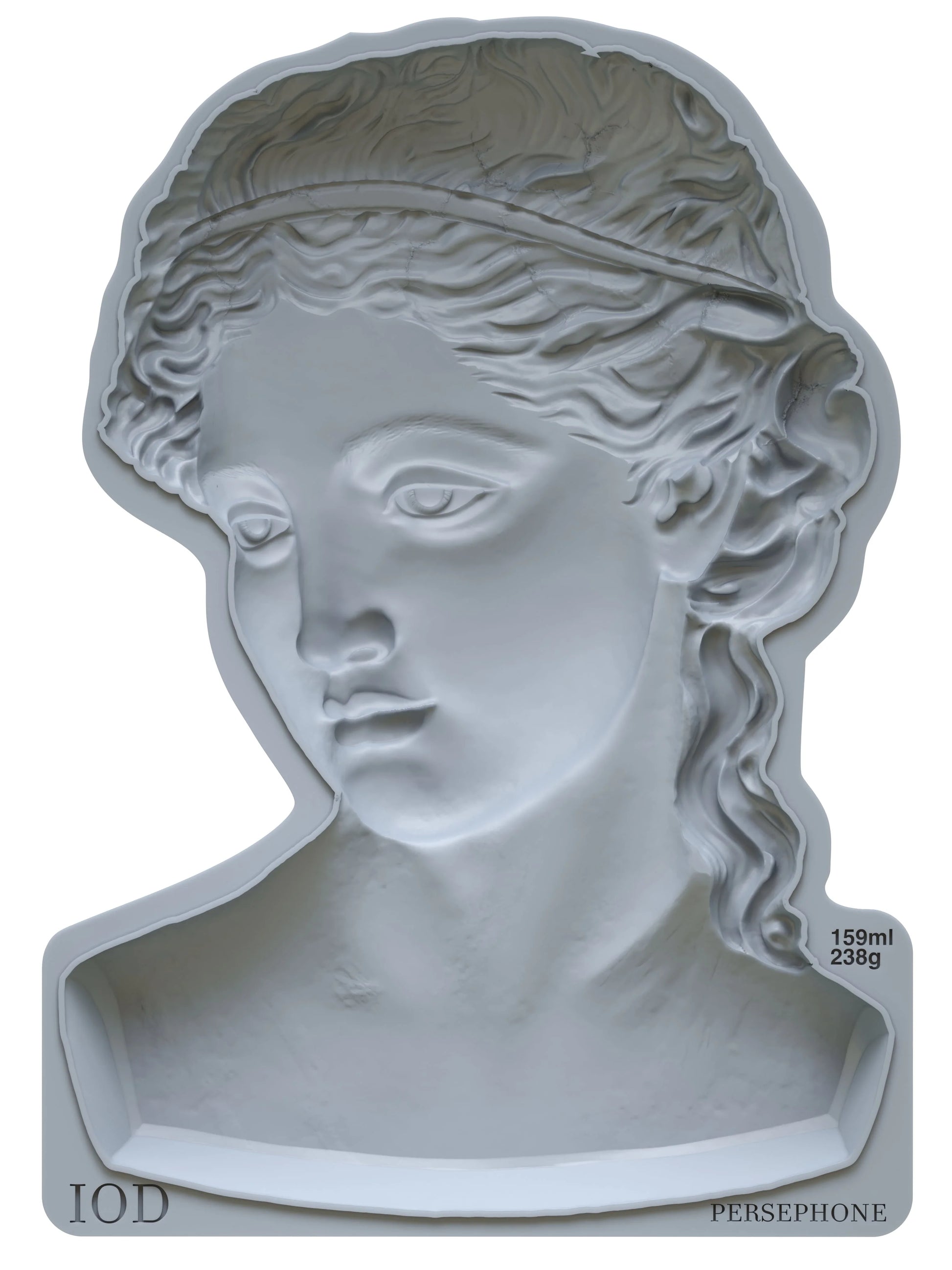 A white sculpture mould from IOD of a female Greek Goddess, Persephone, with flowing drapery, inspired by Greek and Roman relief art.