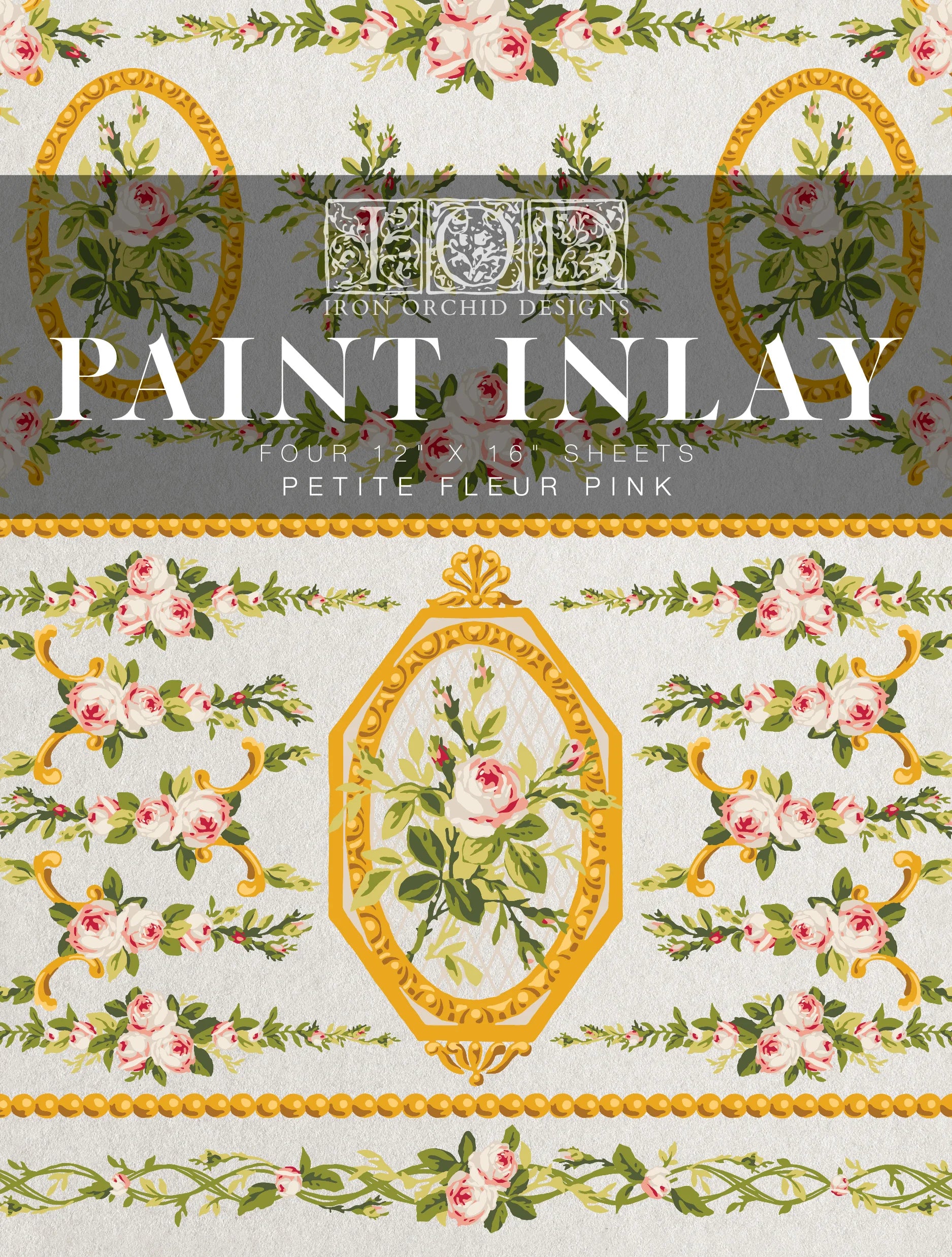 A paint inlay pad with floral patterns predominantly in pink colors, with decorative borders, titled "Petite Fleur Pink" by "Iron Orchid Designs"