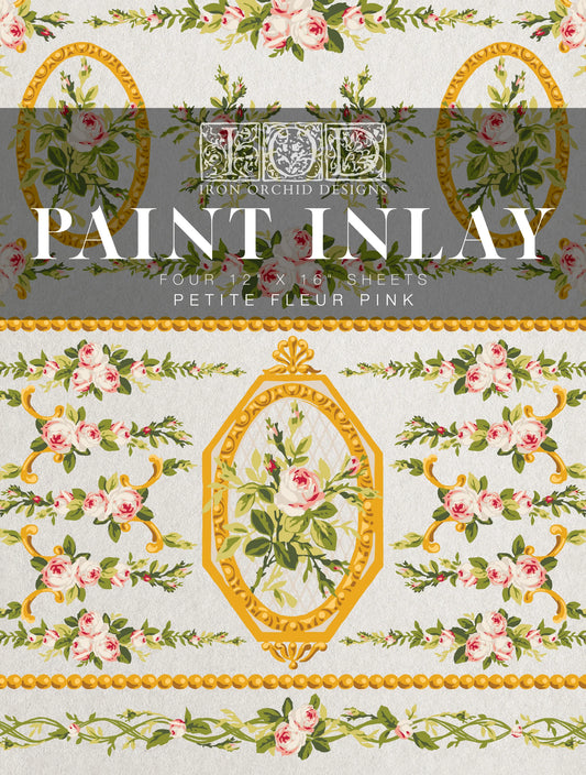 A paint inlay pad with floral patterns predominantly in pink colors, with decorative borders, titled "Petite Fleur Pink" by "Iron Orchid Designs"