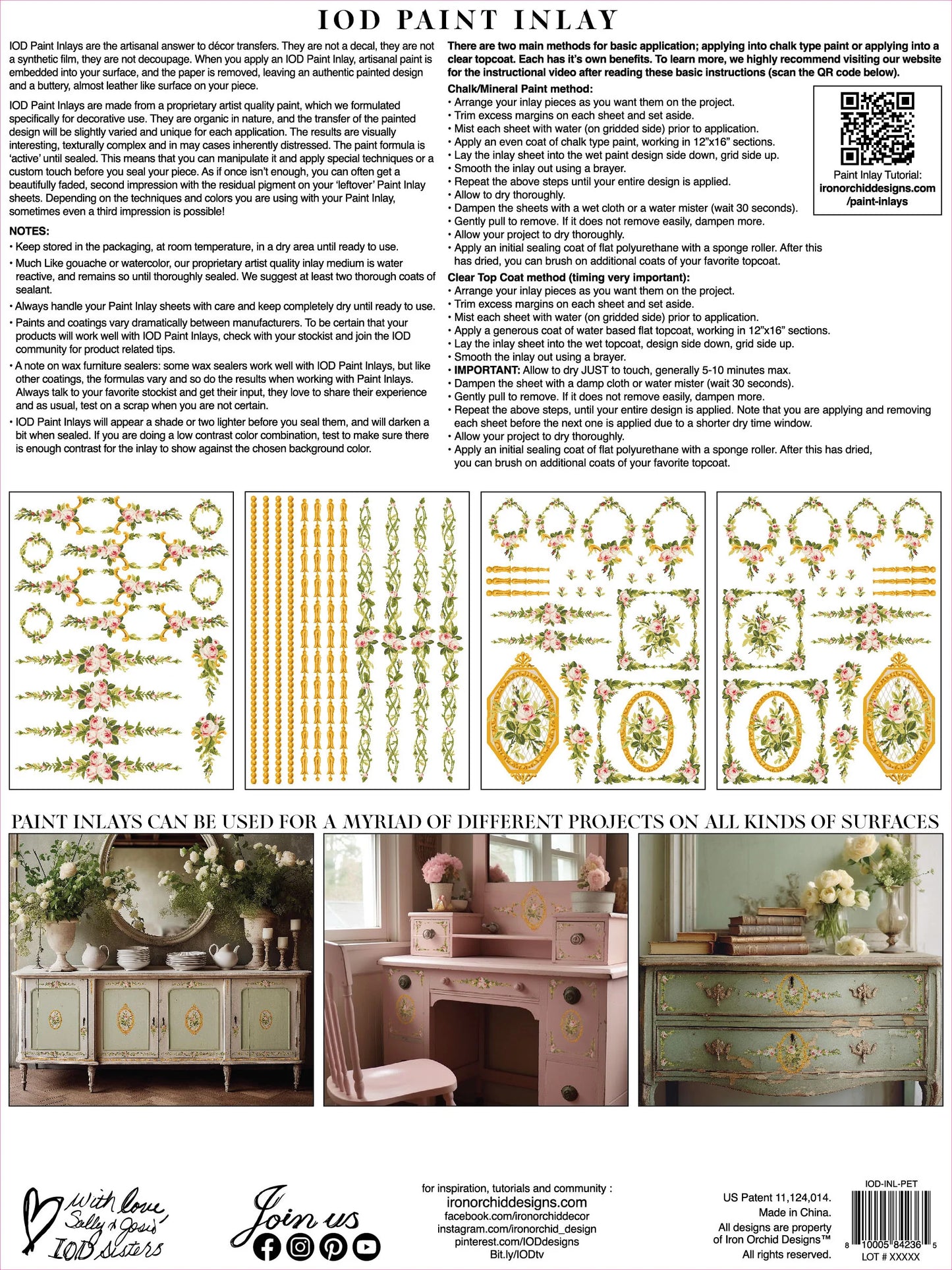 Back cover of "Petite Fleur PInk" inlay from IOD, with previews of inlay pages and instructions on using paint inlays.