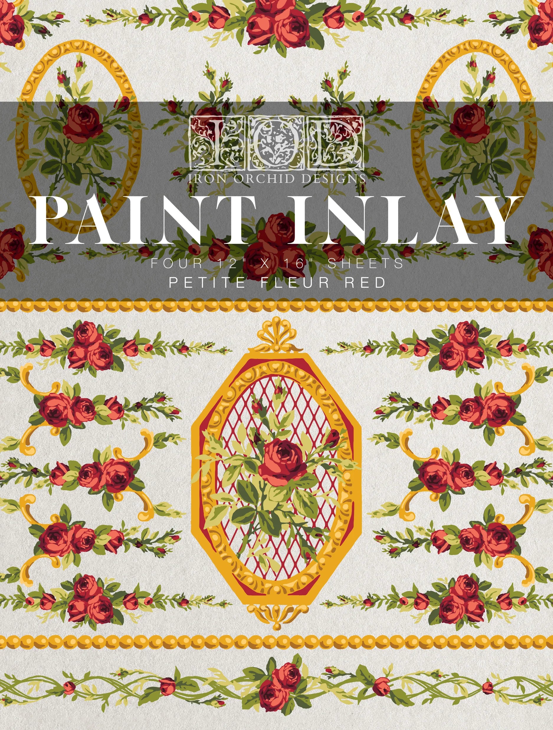 A paint inlay pad with a floral pattern, predominantly red roses, in a package labeled 'Petite Fleur Red'.
