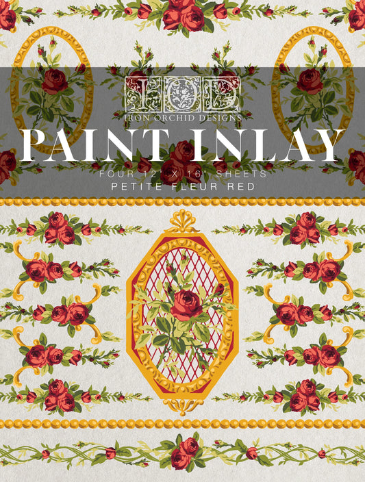 A paint inlay pad with a floral pattern, predominantly red roses, in a package labeled 'Petite Fleur Red'.