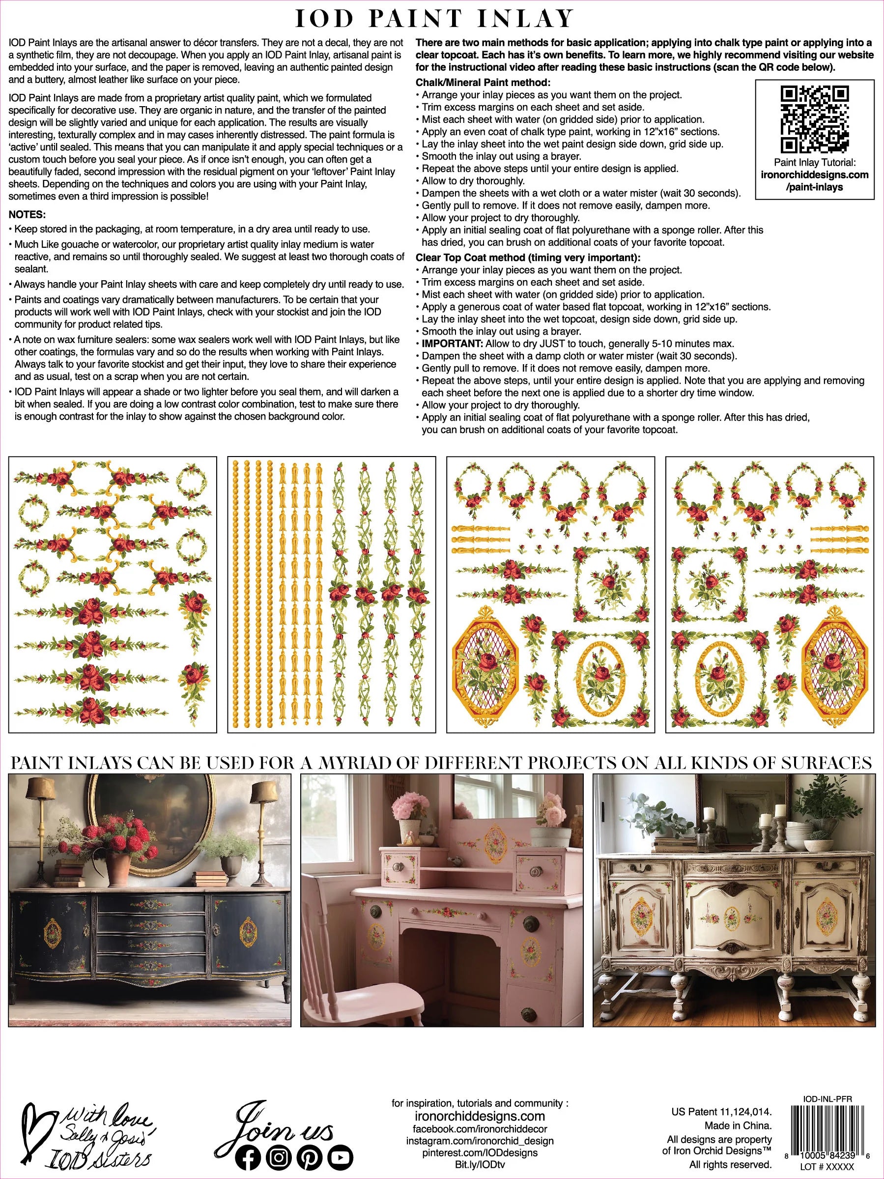 Back cover of IOD's Paint Inlay "Petite Fleur Red" with preview of inlay pages and instructions on use.