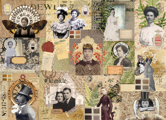 A Roycycled decoupage paper sheet featuring vintage photographs and designs, arranged in a collage style.