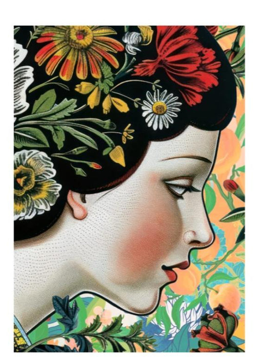 Artistic depiction of a woman's profile with floral and butterfly elements on decoupage paper