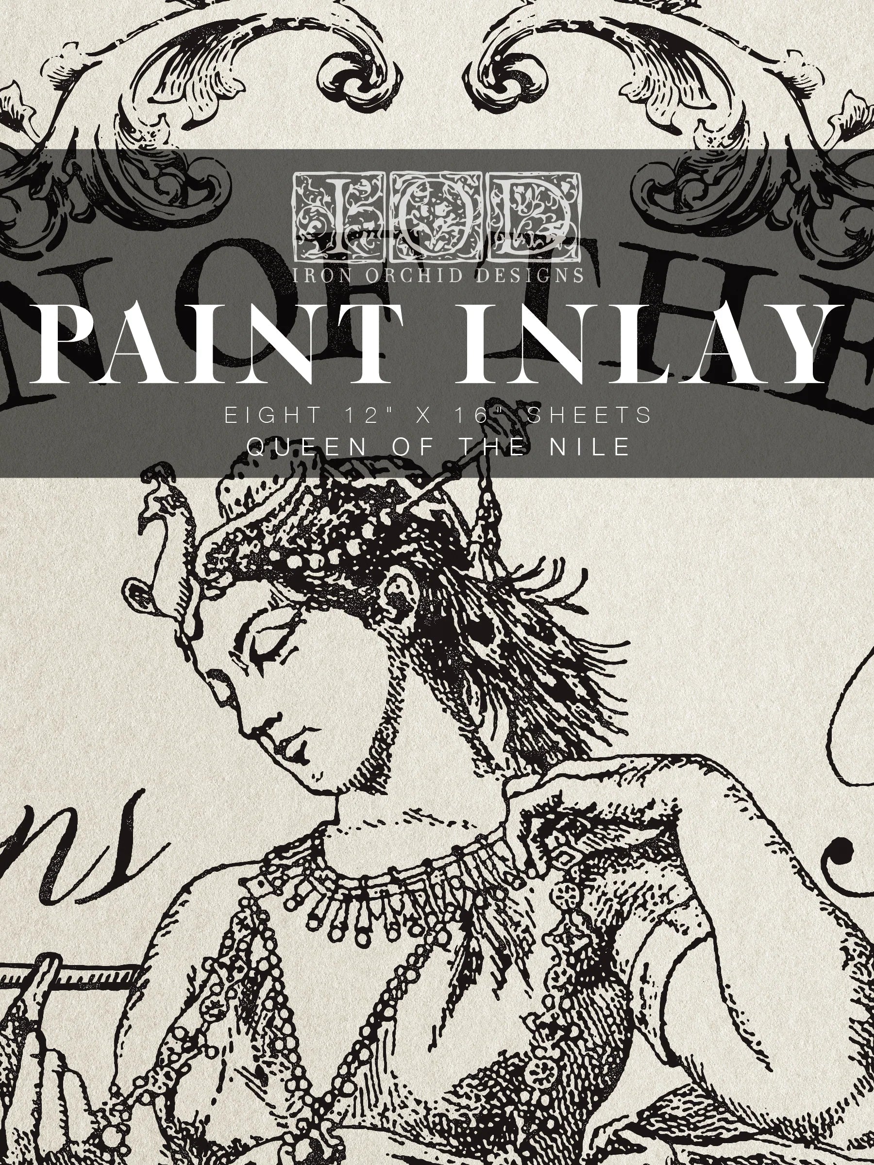 Product packaging for Iron Orchid Designs Paint Inlay with a woman's face illustration and decorative elements.