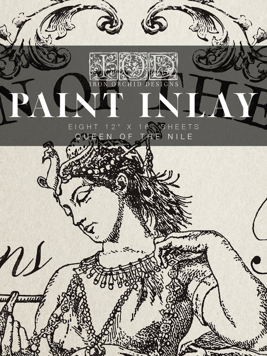 Product packaging for Iron Orchid Designs Paint Inlay with a woman's face illustration and decorative elements.