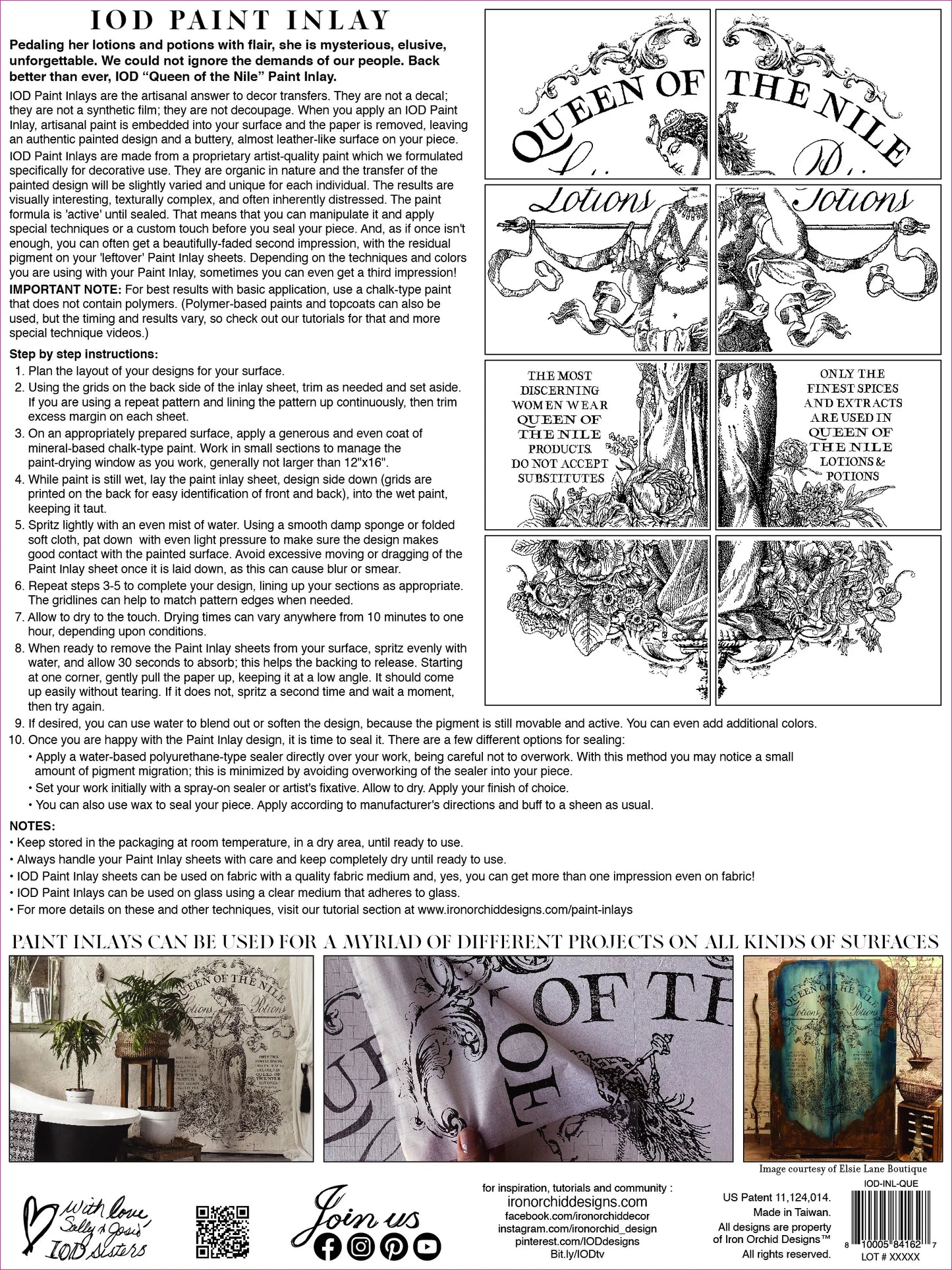 Instructions for IOD Queen of the Nile paint inlay with illustrations and text.