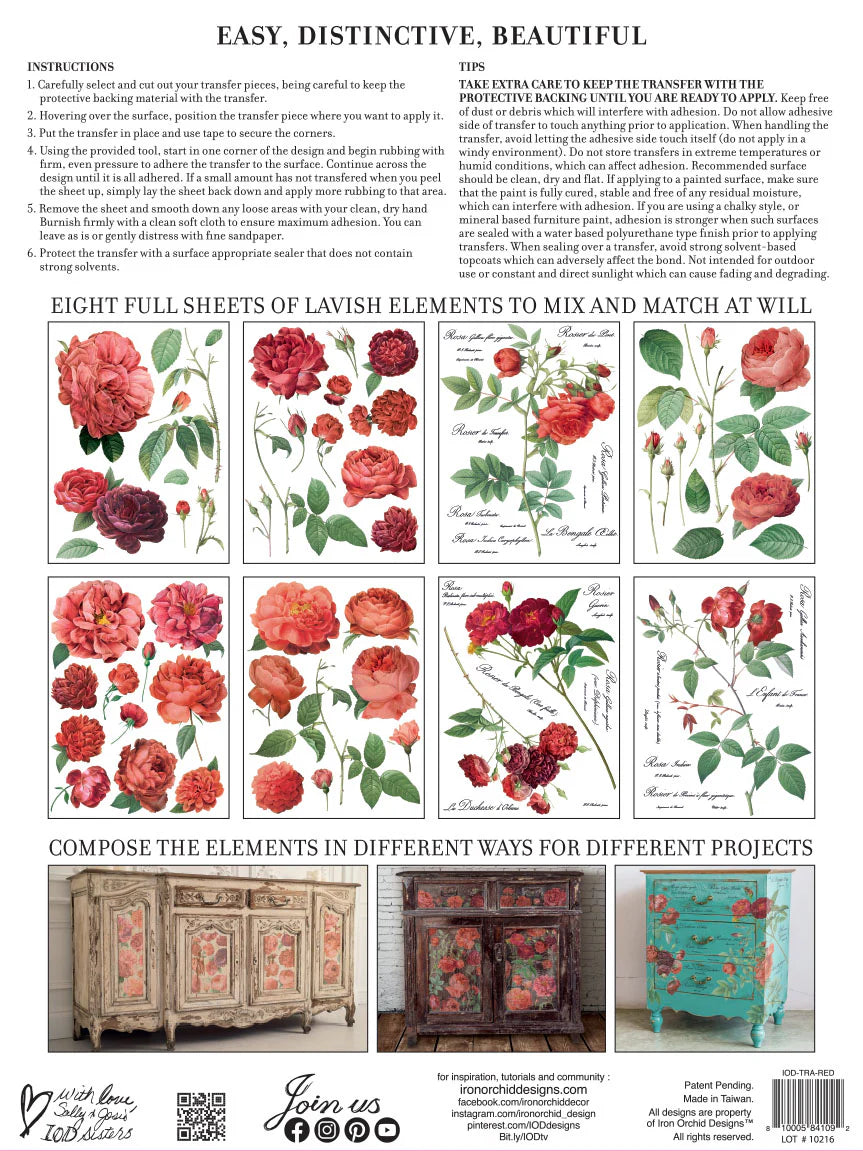 Floral design transfer sheets with instructions and examples on a white background