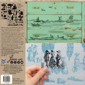 The back packaging of the 'Rural Scenes' IOD stamp, with an example scene stamped onto a dresser, and instructions on how to use IOD stamps.