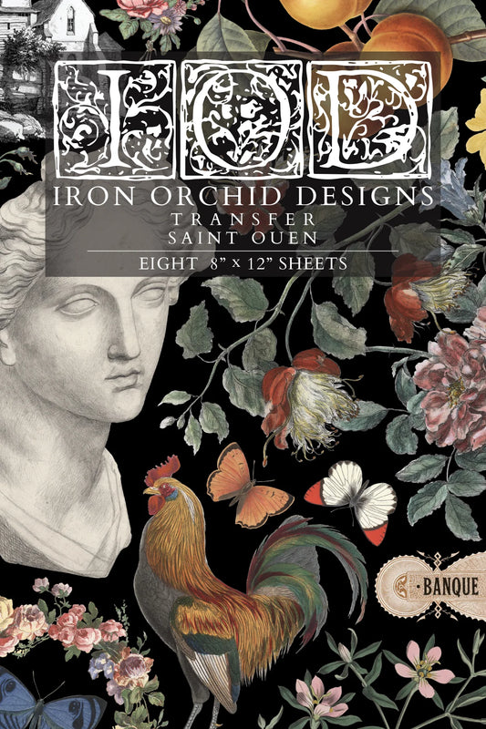 Front cover of Iron Orchid Designs transfer set with floral, statue, and rooster designs on a black background.