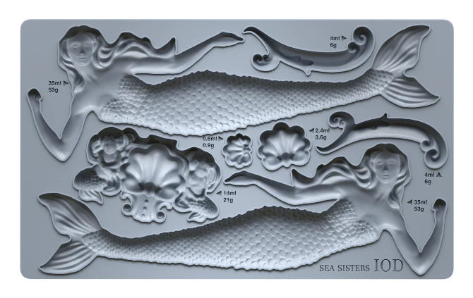 Silicone mold with mermaid and shell designs on a white background.