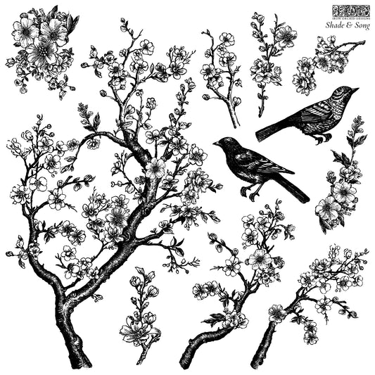A collection of black and white floral and bird stamps designed for crafting and decoration, with the text 'Shade & Song' at the top.