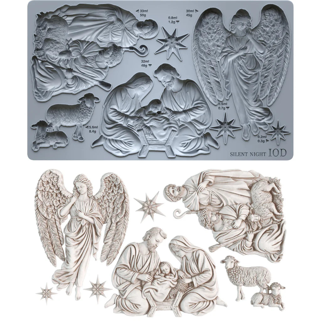 A silicone mold set featuring detailed Christmas nativity and angel designs, shown both in its gray silicone form and as the finished light beige clay pieces.