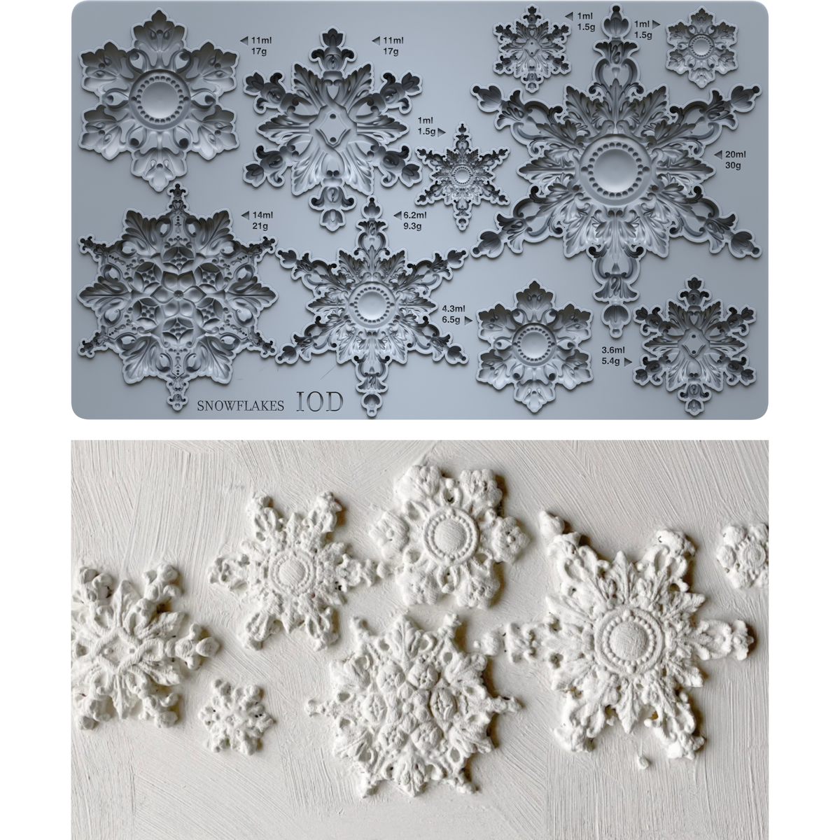 An IOD snowflake craft mold sheet shown in two views: the top shows the gray silicone mold with labeled snowflake cavities, and the bottom shows several white embossed snowflake decorations cast from the mold and used on painted furniture.