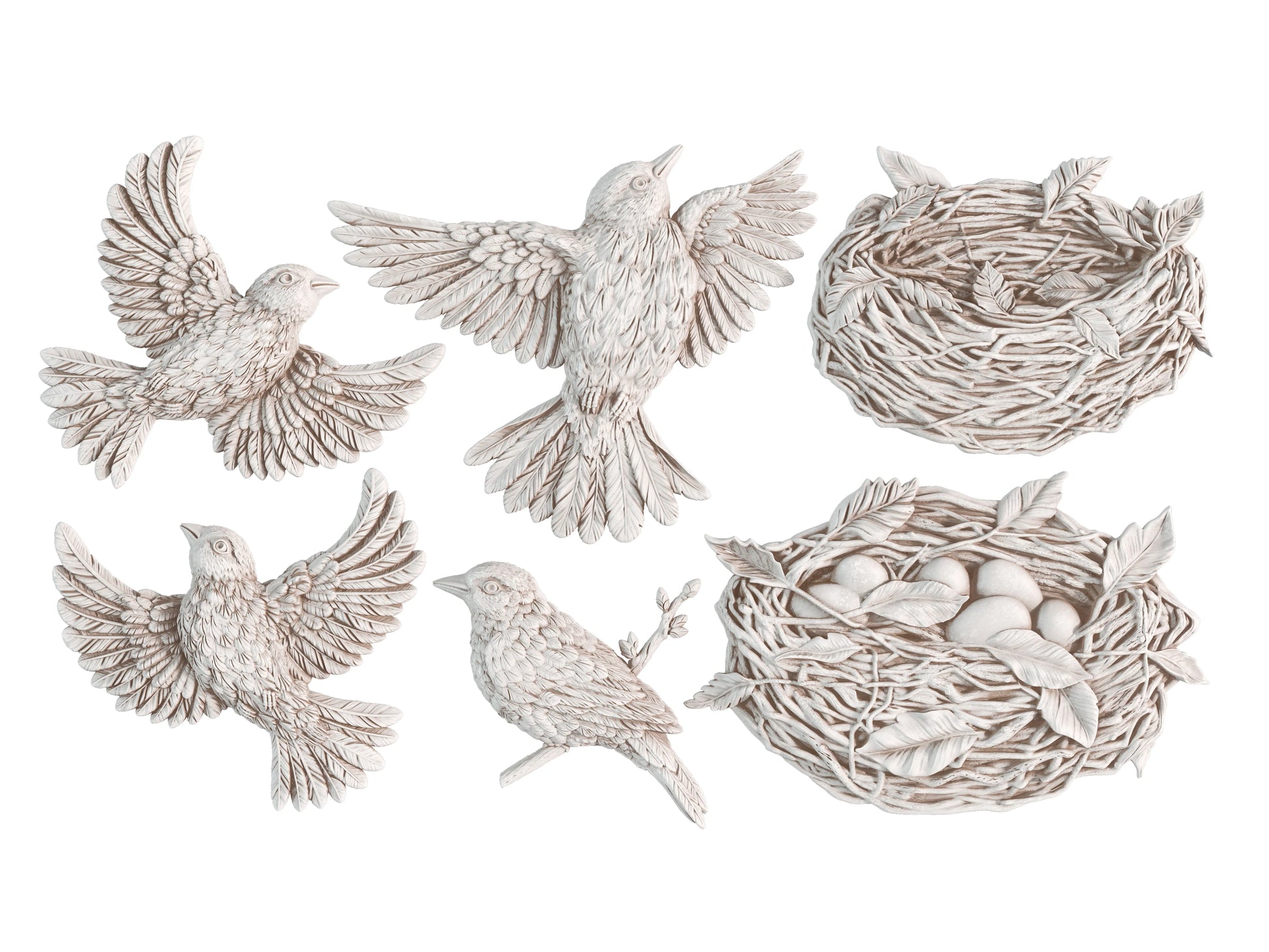 6 Clay castings from the IOD 'Sparrow's Nest mould', featuring 4 clay cast birds and 2 clay cast nests on a white background.