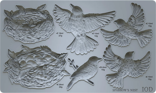 An IOD mould called 'Sparrow's Nest' featuring designs of birds and a nest, intended for crafting and decoration purposes.