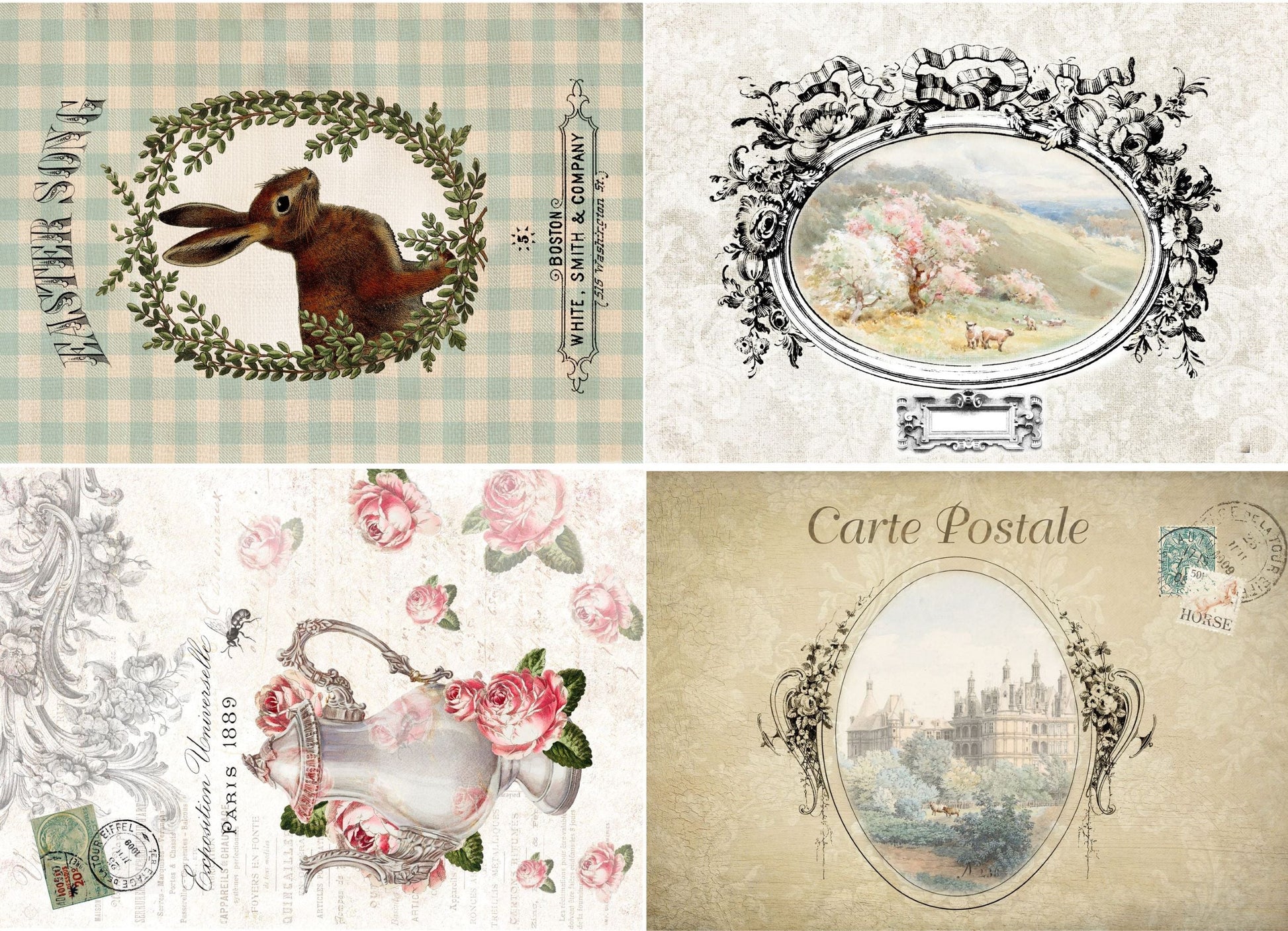 A decoupage paper with a rabbit, teapot, and springtime scenes.