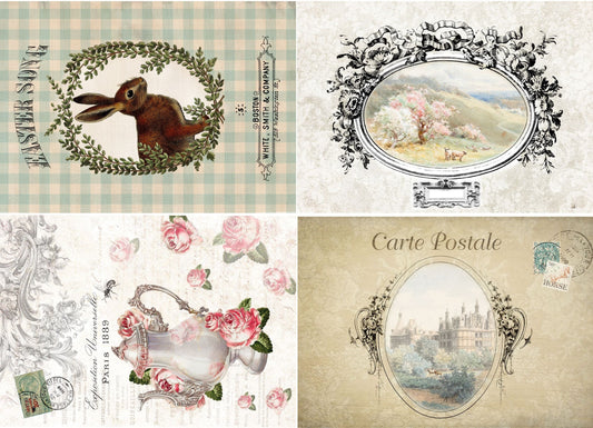 A decoupage paper with a rabbit, teapot, and springtime scenes.