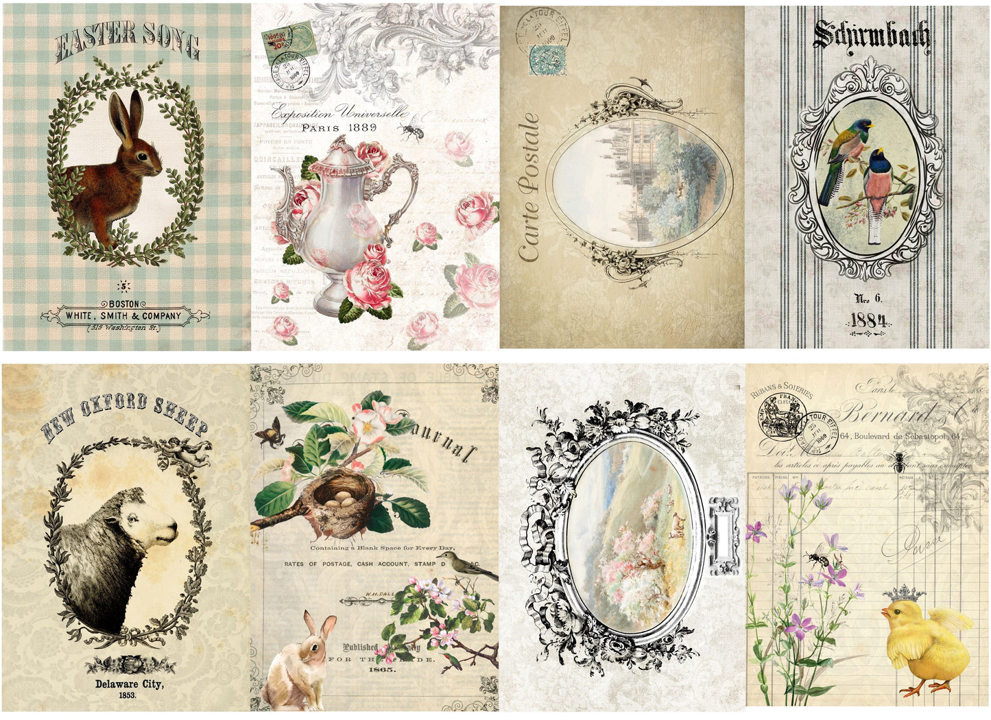 A sheet of Roycycled decoupage paper sheets with various vintage designs including animals, plants, and decorative frames.