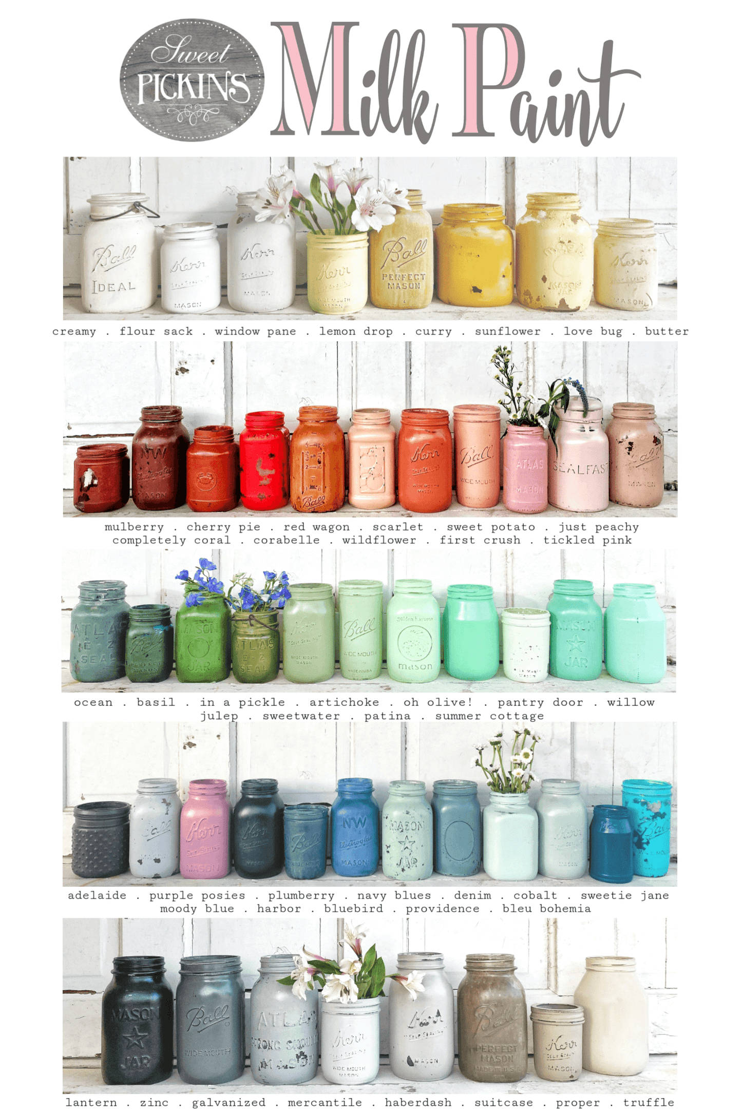 A chart from "Sweet Pickins Milk Paint" with a ball jar painted in all of their milk paint color offerings to showcase the different colors.