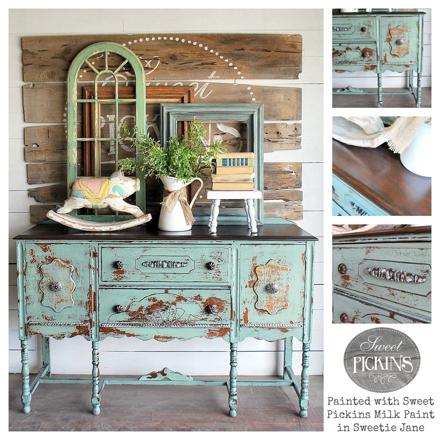 A collage of 4 photos of furniture painted in milk paint in the shade Sweetie Jane.