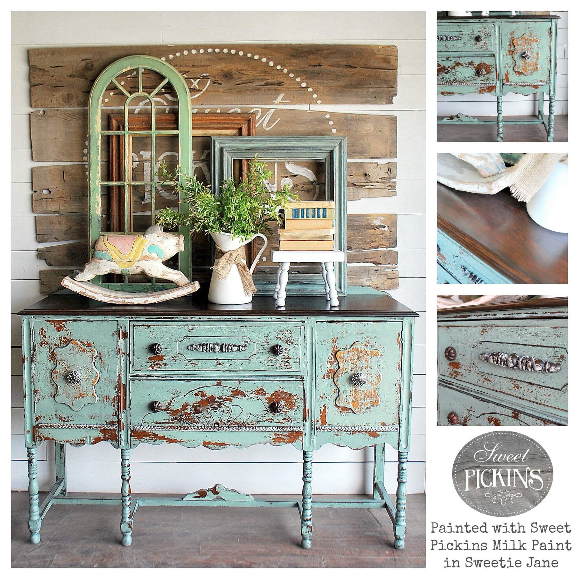 A collage of 4 photos of furniture painted in milk paint in the shade Sweetie Jane.