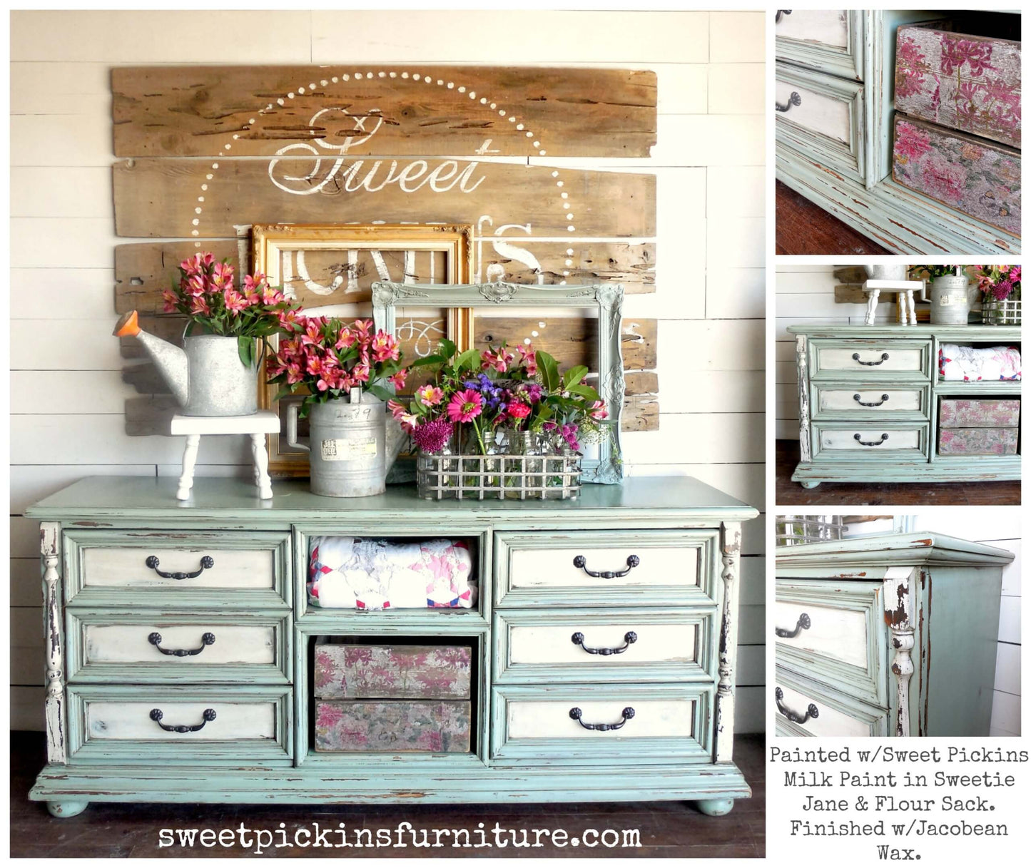 A dresser milk painted in the shade "Sweetie Jane" and mixed with "Flour Sack", adorned with flowers with a "Sweet Pickins" sign behind it.
