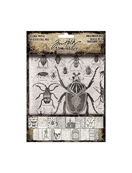 Tim Holtz Halloween Collage Paper package featuring vintage beetle and insect illustrations on a distressed beige and black background.