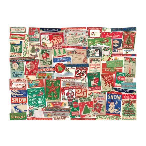 Collection of vintage-style Christmas packaging labels on a white background