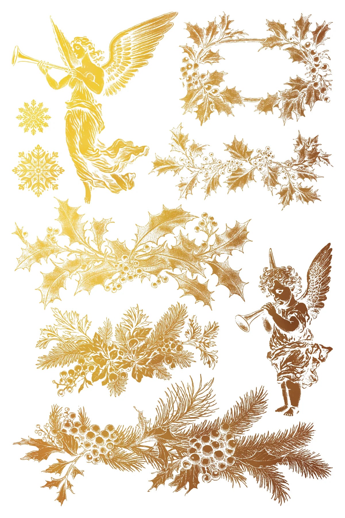 Gold foil angels and pine and holly for use on furniture.