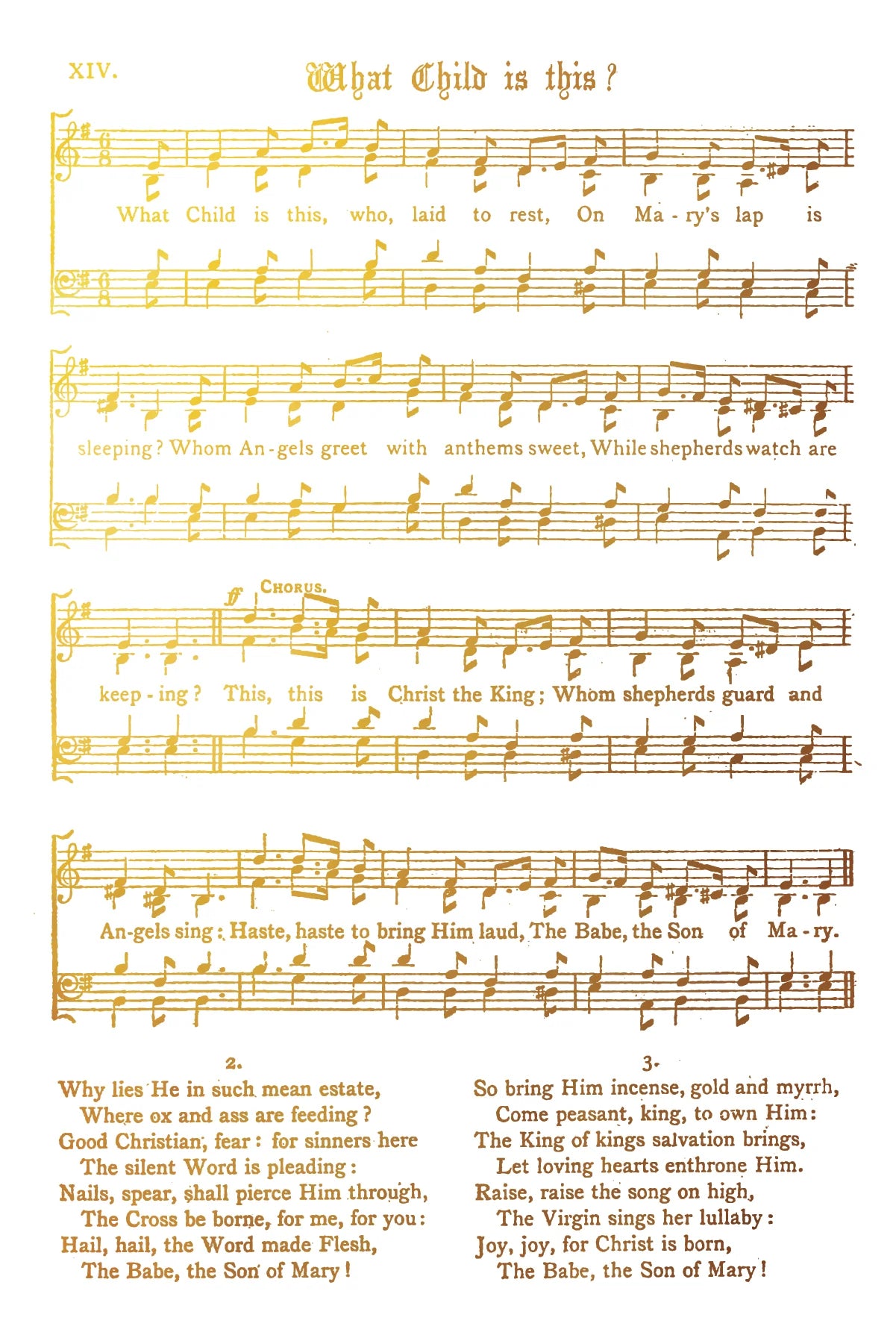 The song "What Child is This" in gold foil writing