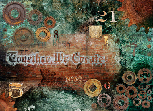 A sheet of decoupage paper with industrial-themed text and gear patterns, labeled with 'Together We Create'.