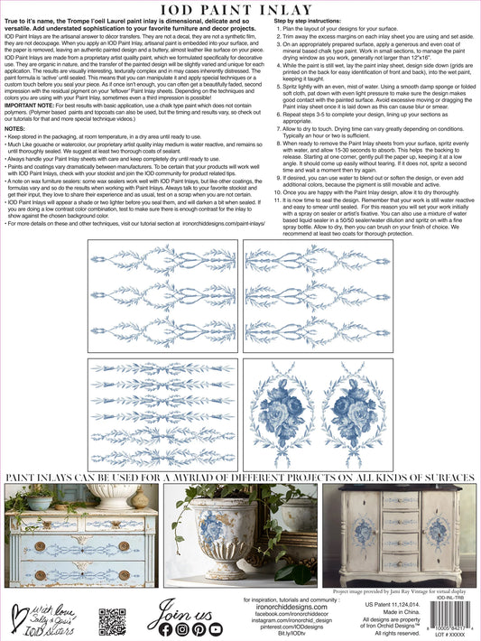 Product packaging with text and design samples for IOD Paint Inlay on a white background