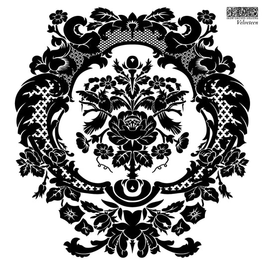 A black and white image of a decorative damask pattern stamp, named Velveteen, designed for use in crafting and decorating projects.