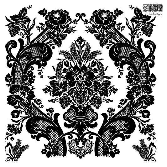 A black an white image of a floral Damask tile, from an IOD stamp titled 'Velveteen', made for stamping home decor.