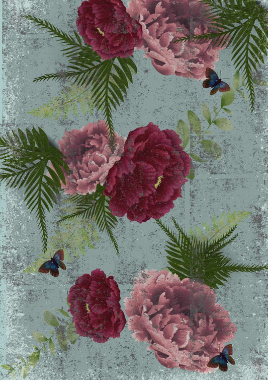 A sheet of decoupage papers featuring red flowers, ferns, and small butterflies.