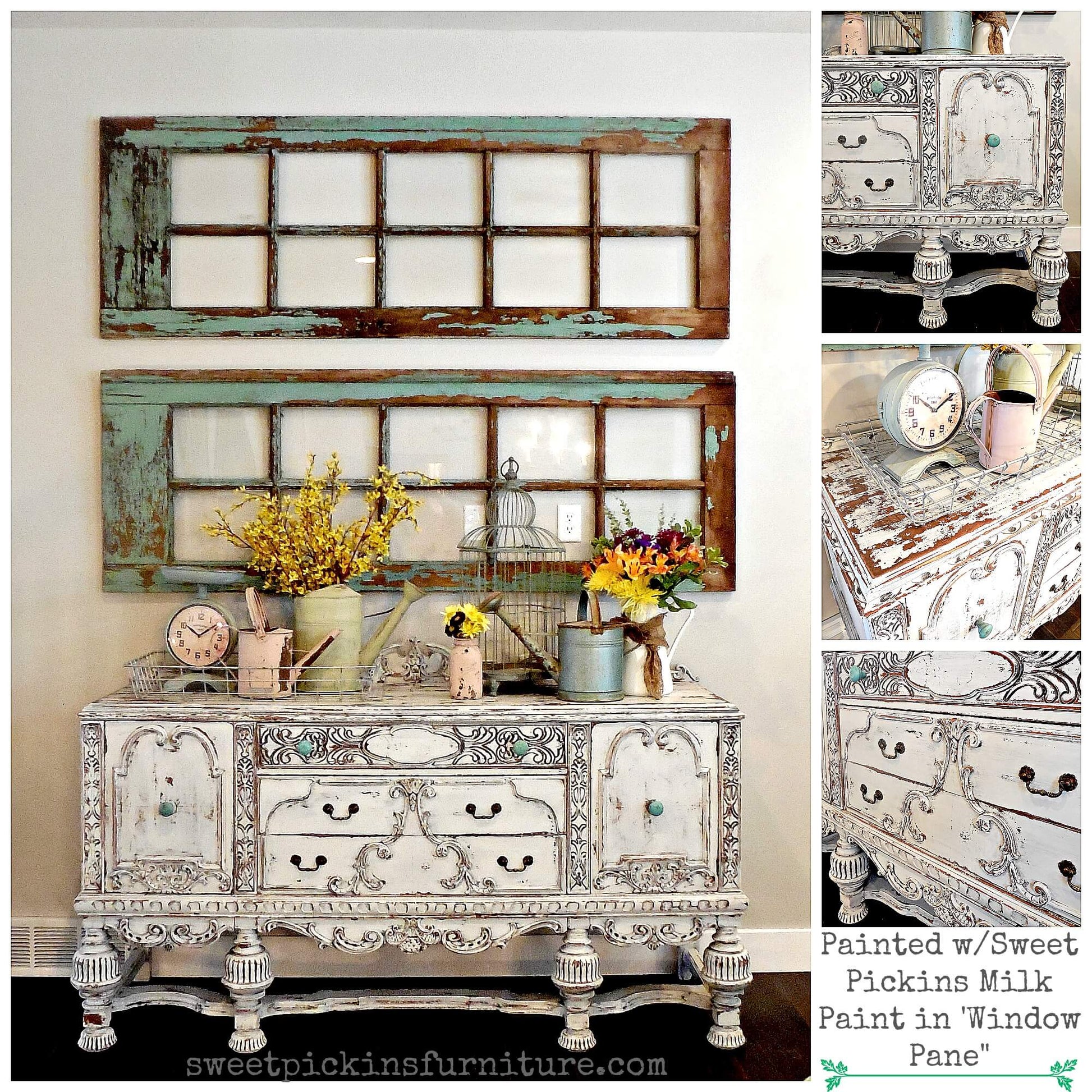 A large tale with drawers and cabinets painted in Sweet Pickins milk paint shade "Window Pane".