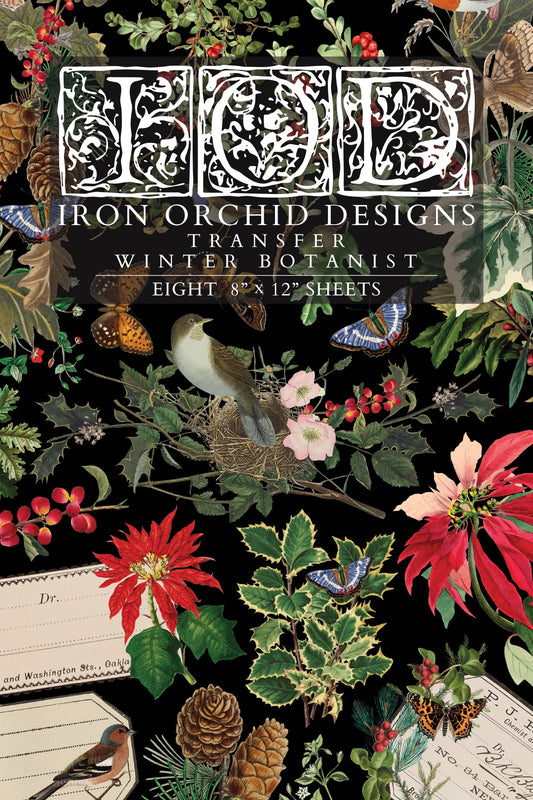 Front cover of Iron Orchid Designs transfer paper with winter botanical design on a black background, called "Winter Botanist"